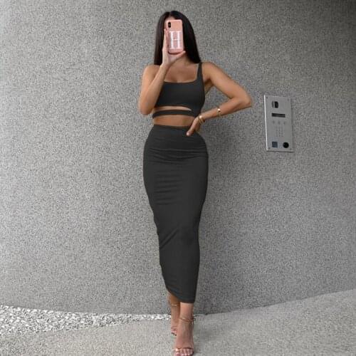 Women Sexy Two Piece Set Wrap Crop Top Bodycon Long Skirt Sets Outfits Solid Color Hollow Out One Shoulder Cami Short Party Set