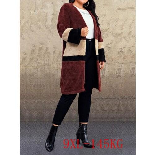 Large size womens long coat 5XL-9XL bust 150CM fashion womens solid color stitching contrast color mid-length casual jacket