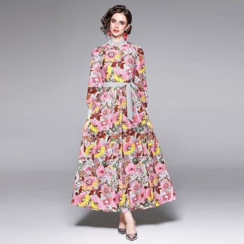 Runway Autumn Elegant Womens Full Sleeve Stand Collar Lace Up Slim Pleated Flowers Print Party Holiday Long Dress Vestidos