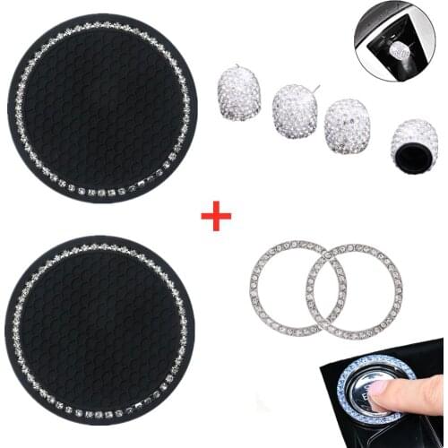 2 PC Car Coaster Water Cup Bottle Holder Anti-slip Pad Mat Silica Gel and Tire valve cover with start button decoration rings