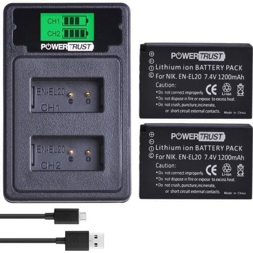 2Pcs EN-EL20 EN-EL20A Camera Battery+LCD USB Dual Charger with Type C Port for Nikon Coolpix P1000 Nikon1 J1, J2, J3 Nikon1 AW1