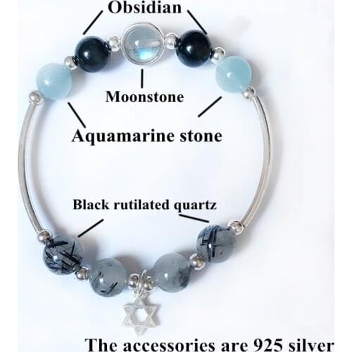 Natural Stone Bracelet For Wealth Bangle Bracelets For Women Jewelry Black Rutilated Quartz Moonstone Six-star