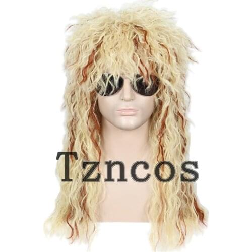Tzncos Men’s 80s Wig Black Mullet Wigs Halloween Costume Male Wig Punk Heavy Metal Rocker Wig Curly Long Hair