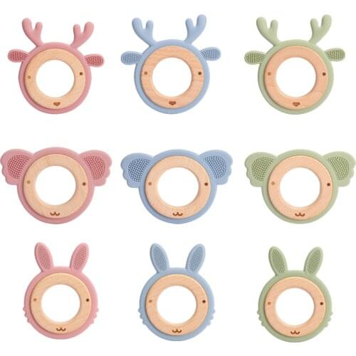 Baby Toys Teether Cartoon Elk Wood Rings Food Grade Wooden Teether Nursing Pendant Teething Toys Baby Accessories Ring Brush