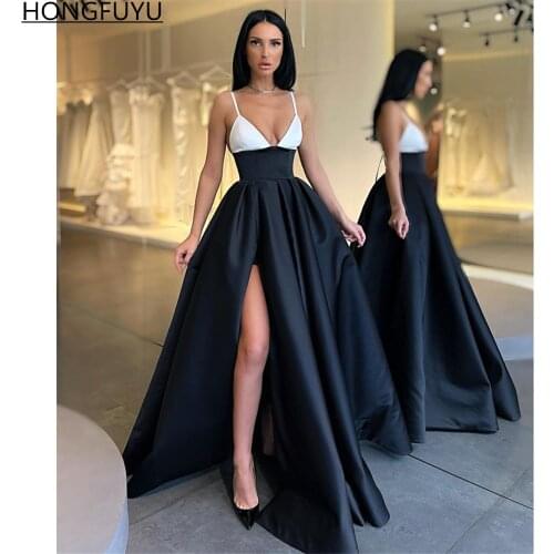 HONGFUYU Black and White Satin Evening Party Dresses with Pockets Spaghetti Strap Long Prom Dress High Slit vestidos de fiesta