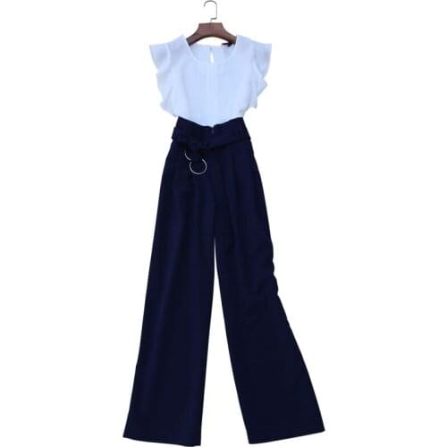 Womens suit new fashion suit temperament commuter lotus leaf sleeve chiffon shirt high waist wide leg pants 2 piece set women