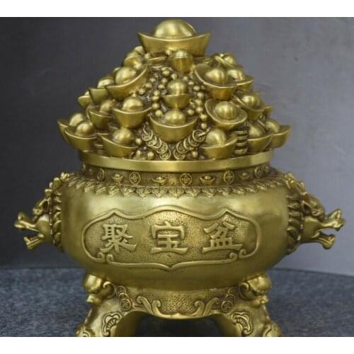 9" Chinese Pure Bronze Lion Beast Yuanbao Treasure Bowl Incense Burner Censer