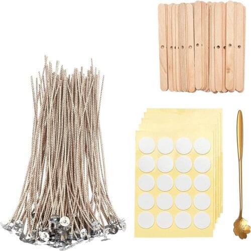 DIY Candle Crafting Tool Kit,100Pcs Candle Wicks,100Pcs Candle Wicks Sticker,50Pcs Wooden Candle Wick and Spoons