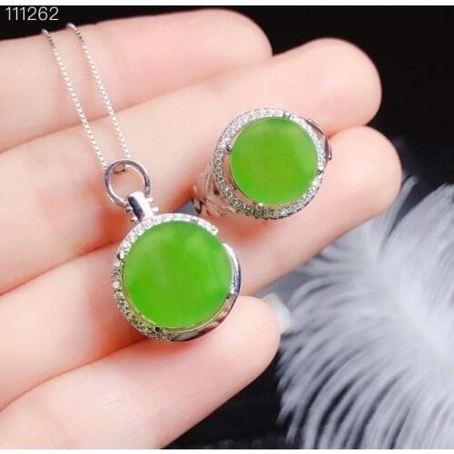 Simple Round Style Natural and Real Hetian Jasper jewelry set 925 sterling silver 1pc pendant,1pc ring