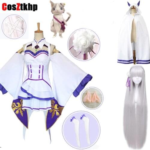 2021 New Re Zero Kara Hajimeru Isekai Seikatsu Emilia Wigs Cosplay Costumes Women Girls Dress With Headdress For Halloween Party