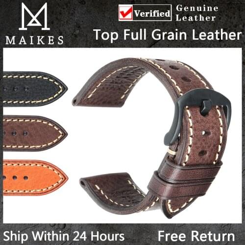 MAIKES High Quality Cow Leather Watchband Mens Vintage Italian Cowhide Watch Band 20mm 22mm Accessories Brown Watch Strap