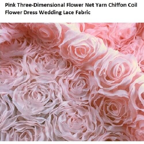 Pink Three-Dimensional Flower Net Yarn Chiffon Coil Flower Dress Wedding Lace Fabric