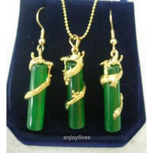 Free Shipping Green jade Yellow Dragon Pendant Earrings & Necklace Set Fashion Wedding Party Jewellery