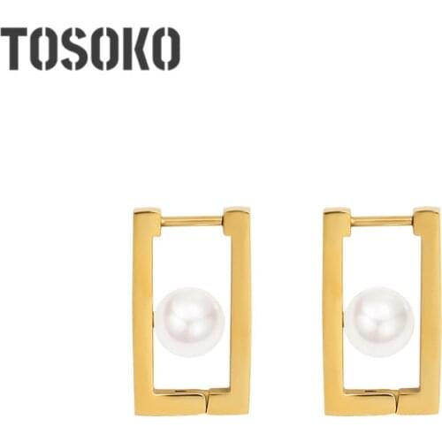 TOSOKO Stainless Steel Jewelry Geometric HollowBox Imitation Pearl Earrings For Womens Retro Earrings BSF371