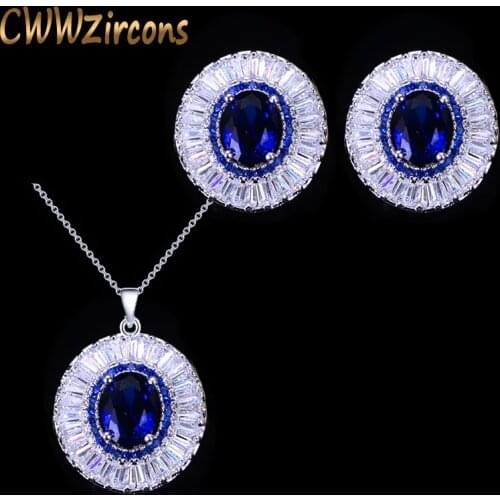 CWWZircons Top Quality Gorgeous Round Baguette Shape Cubic Zirconia Blue Green Fashion Brand Jewelry Set For Ladies T029