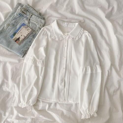 White Women Shirts Vintage Design Ruffles Patchwork Loose Elegant Office Lady Outwear Blouse Tops