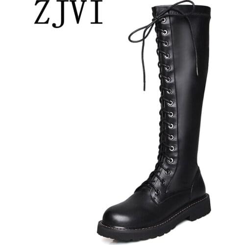 ZJVI Ladies Fashion Cross Tied Winter Knee High Boots Woman Genuine Leather 2020 Women Black Shoes Thigh High Boots For Girls