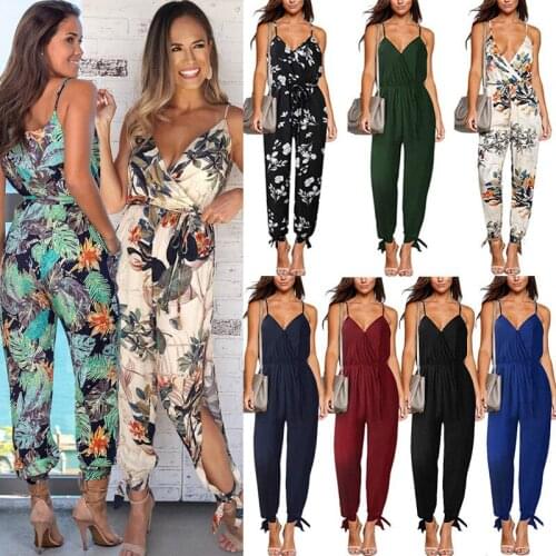 Leosoxs New Fashion Sexy Deep V Neck Spaghetti Straps Backless Womens Jumpsuit Summer Casual Print Belt Bandage Ladies Jumpsuit