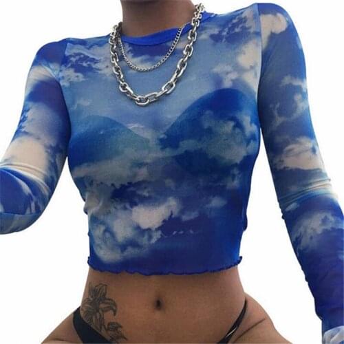 Womens Sexy Casual Crop Top Long Sleeve Slim Blouse Mesh Print Clubwear