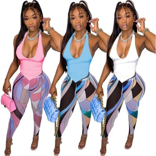 2021 Autumn Women Two Piece Set Print Tracksuit Crop Tank Top And Long Pants Matching Set Clothes For Women Outfit