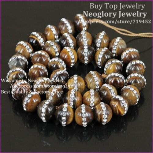 1strand Natural Gems Tiger Eyes Beads with Rhinestone,Yellow Tiger Eyes Round Bead,Sparkling Rhinestone 10mm Stone Beads