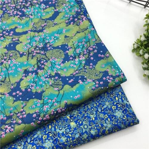 100% cotton twill Japanese style blue plum floral Gold stamping fabrics for DIY apparel quilting handwork patchwork decoration