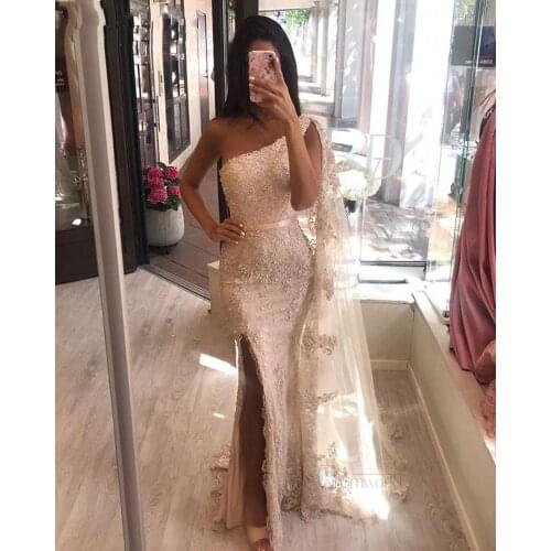 2021 Champagne Beads Appliques Side Slit One Shoulder Dubai Arabic Long Formal Evening Gowns Sexy Lace Mermaid Evening Dresses