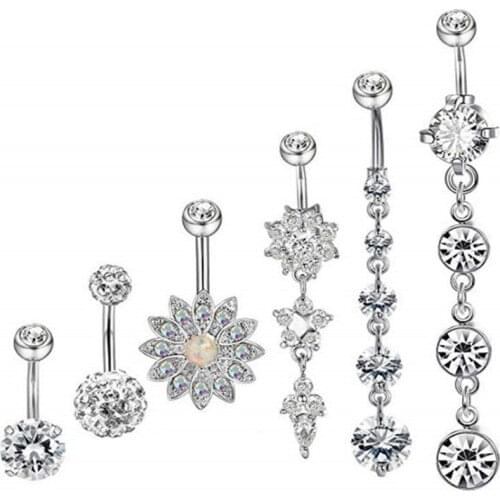 6PCS/Set New Surgical Steel Dangle Navel Rings White Crystal Navel Bars Women Belly Button Ring Navel Piercing Fashion Jewelry