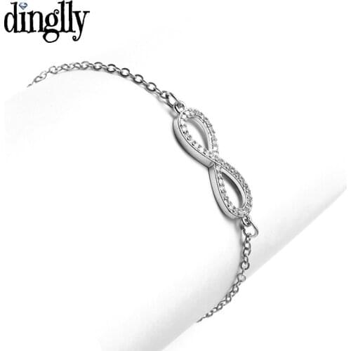 Dinglly Shiny Crystal Zircon Infinite Loop Charm Bracelets For Women Fine Original Silver Color Simple Bangles Jewelry Gift