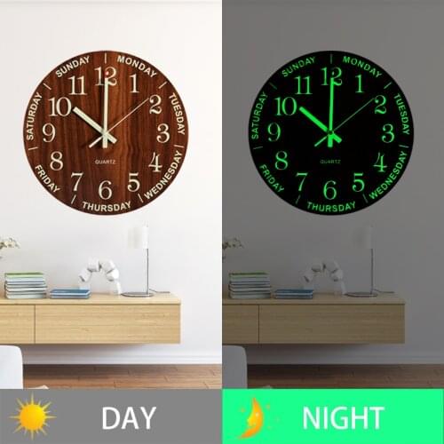 Wooden Luminous Wall Clock 7 Days 12Hour Number Hanging Clocks Silent Night Light In Dark Home Decor Watches Clock