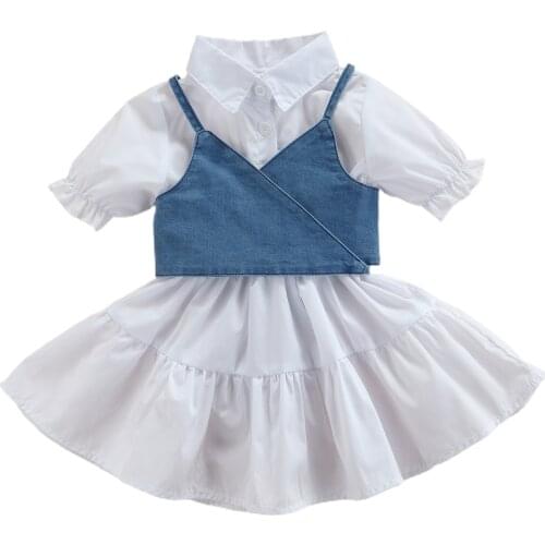 Baby Clothes Short Sleeve Dress Denim Vest Simple Style Adjustable Bandage With Ruffle Decoration Summer Childrens Clothing Set