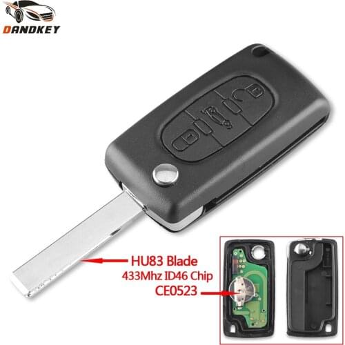 Dandkey Remote Key 433MHz Fit For Peugeot 207 307 308 407 607 Partner Keyless Entry 3 Buttons With HU83 Blade CE0523 ID46 Chip