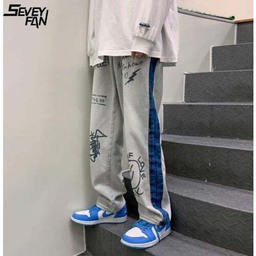 Hip Hop Baggy Blue Jeans Men Smile Face Graffiti Printed Fashion Streetwear Harajuku Jean Pants High Street Dancer Denim Pant