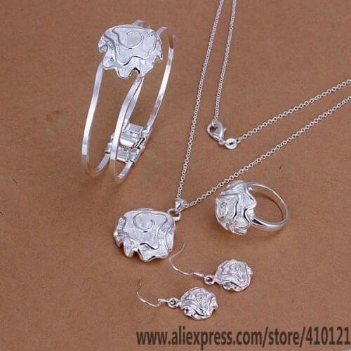 S243 Hot High Quality Silver Color Jewelry Sets, Fashion Jewelry Elegant Charms Fashion Rose Ring Drop Earrings Bangle Necklace