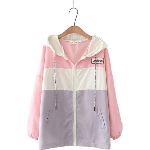 Women Jackets Letter Embroidery Patchwork Loose Zipper Hooded Jackets Long Sleeves Baseball Coat Cotton Streetwear Outerwear