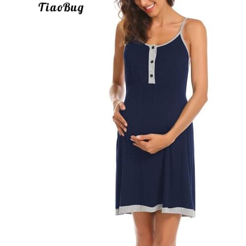 TiaoBug Summer Women Maternity Round Neckline Sleeveless Dress With Buttons In Front For Breastfeeding Sleep Dress