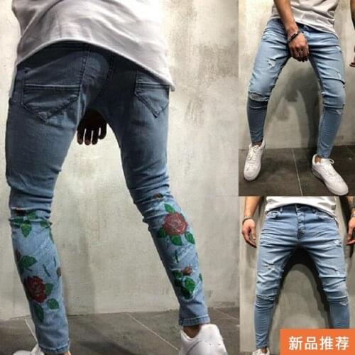 Mens European and American new fashion jeans European standing hole slim print mens Leggings