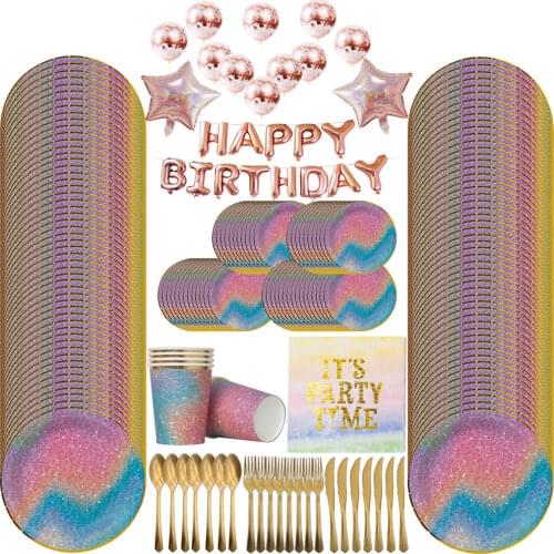 Party Disposable Tableware Set Rainbow Paper Cup Plate Straws Supplies For Kid Birthday Party Decor Baby Shower Party Supplies