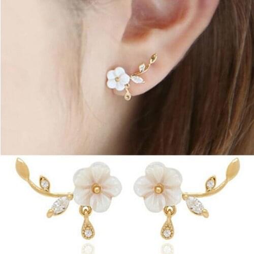 New Fashion Zircon Flower Stud Earrings Cute Korean Shell Leaf Floral Branch Earrings Women Ladies Bridal Wedding Jewelry