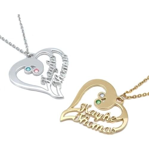 Personalized 2 Names Necklace with 2 Birthstones,Double Heart Shape Pendant Necklaces For Couple,Valentines Gift for Her Women