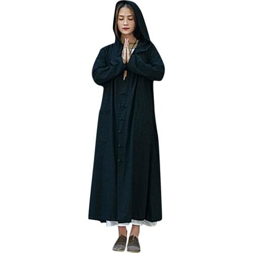 Frog Button Hooded Trench Coat Linen Cotton Long Sleeve Cloak Cape with Pocket Liziqi Outwear Windproof Vintage Chinese