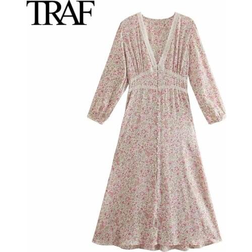Traf Za Women Fashion French Vintage Floral Dress Female Single Breasted V-neck Printed MIDI Dress Vestido De Mujer