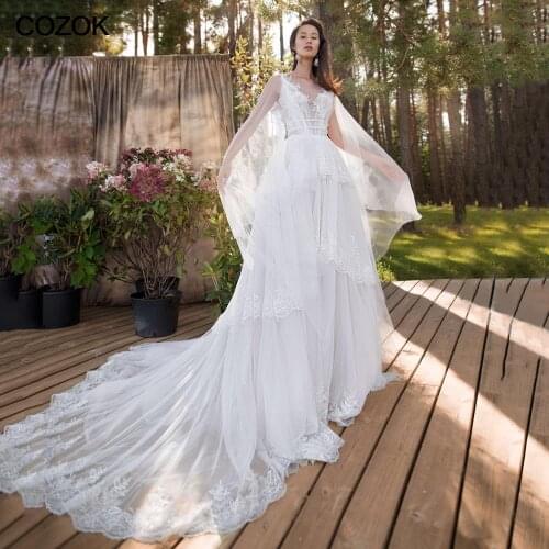 BOHO Ivory A Line Wedding Dresses Tiered Lace V neck Shawl Sleeves Beading Tulle Bridal Gown Sexy Illusion Brides Dress