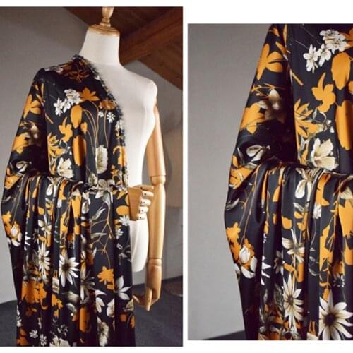 Half Meter High Grade Retro Black Bottom Coffee Yellow Big Flower Chiffon Fabric For Dress Cheongsam Ladys Garment T1656