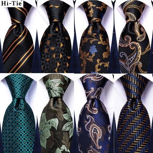 Hi-Tie Black Gold Blue Striped Silk Wedding Tie For Men New Fashion Paisley Design Quality Hanky Cufflinks Nicktie Dropshipping