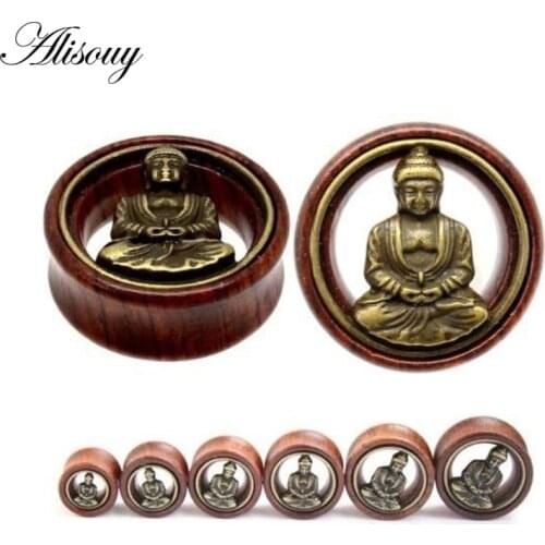 Alisouy 2PCS Ear Expander Wooden ear Piercing Ear Plugs Tunnels Buddha statue Type Gauge 8-30mm Expander Body Piercing Jewelry