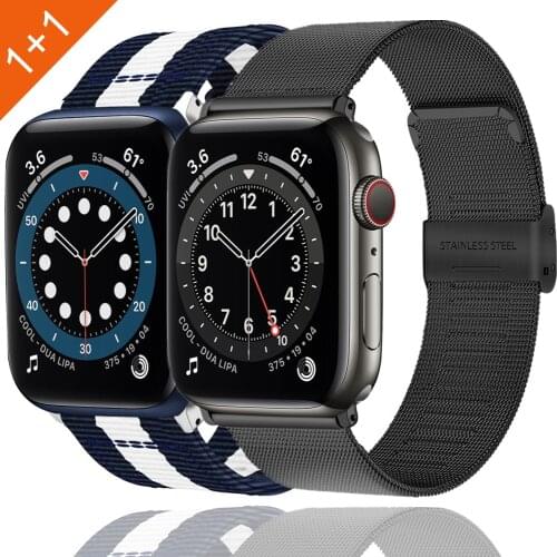 For apple watch 6 band SE correa series 5 4 44mm 40mm strap for iwatch se bands 3 42mm 38mm nylon and mesh loop bracelet 2 set