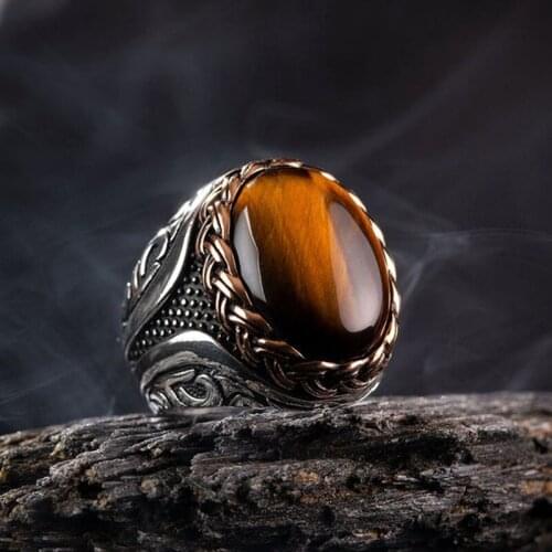 Luxury Men Ring Tiger Eye Gemstone Turkish Handmade Mens Ring Vintage Style Best Gift for Him
