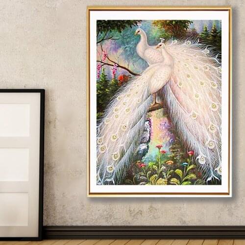DIY 5D Diamond Painting Full Square White Peacock Cross Stitch Diamond Embroidery Mosaic Picture of Rhinestones Decor Gift