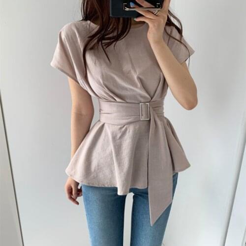 Womens Blouse Shirt 2021 O-Neck Ruffle Belt Chic Blusas Korean Style Simple Design Solid Color Elegant Casual Summer Female Top